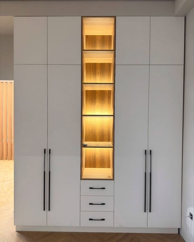 Modern White Wardrobe with Illuminated Open Shelving