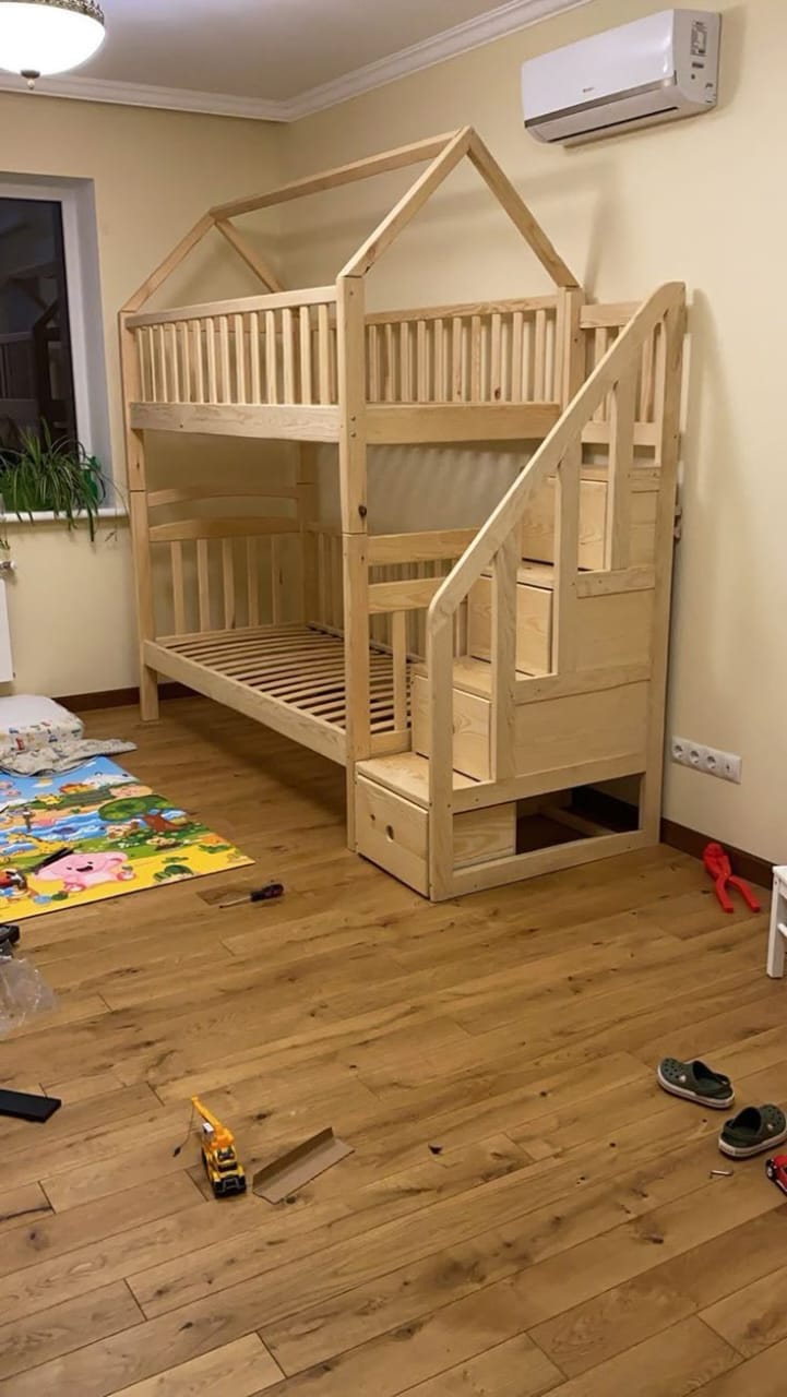 House Frame Bunk Bed with Storage Stairs