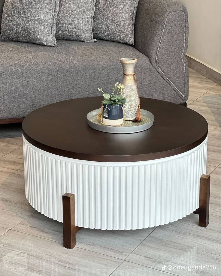 Round Fluted Wooden Coffee Table with Dark Top