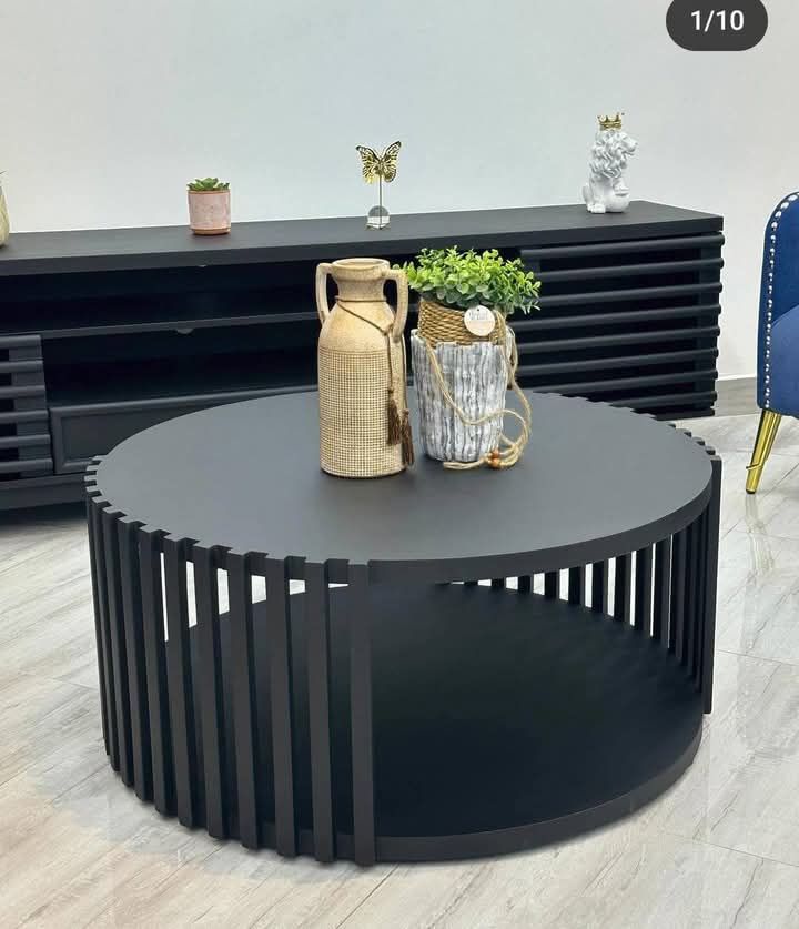 Round Matte Black Slatted Wooden Coffee Table