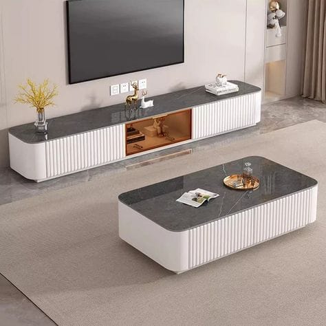 Modern Fluted TV Console with Slate Top & Warm Display Niche