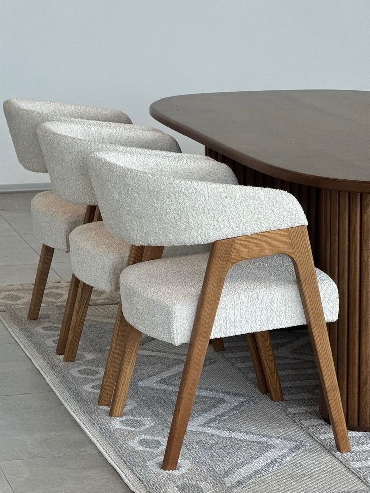 Curved Bouclé Dining Chair with Solid Wood Frame
