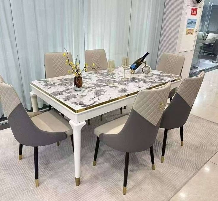 Marble Top Dining Set with Upholstered Chairs