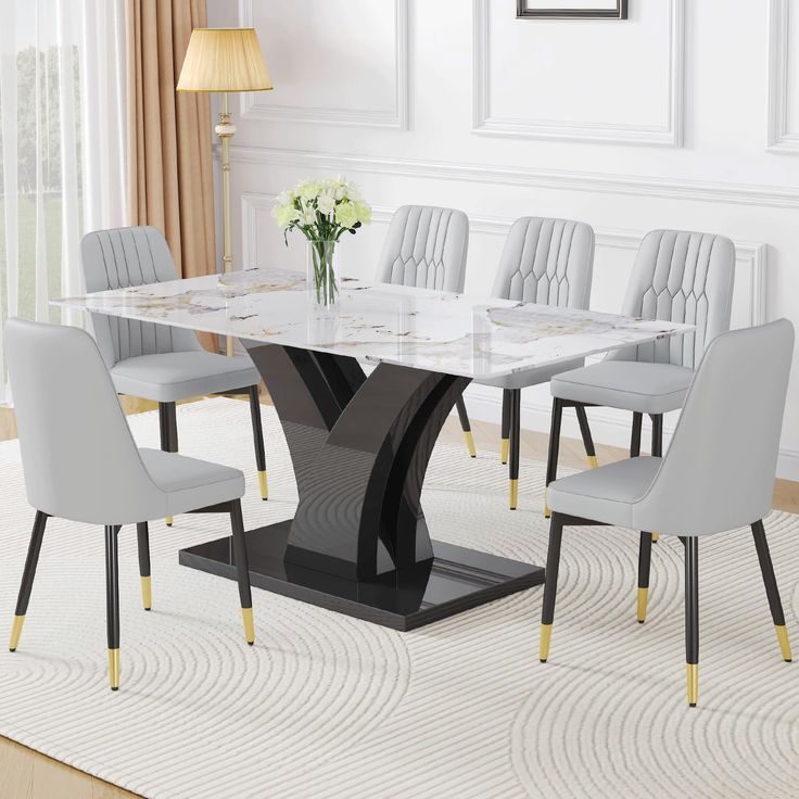 Modern Marble Dining Set with Six Chairs
