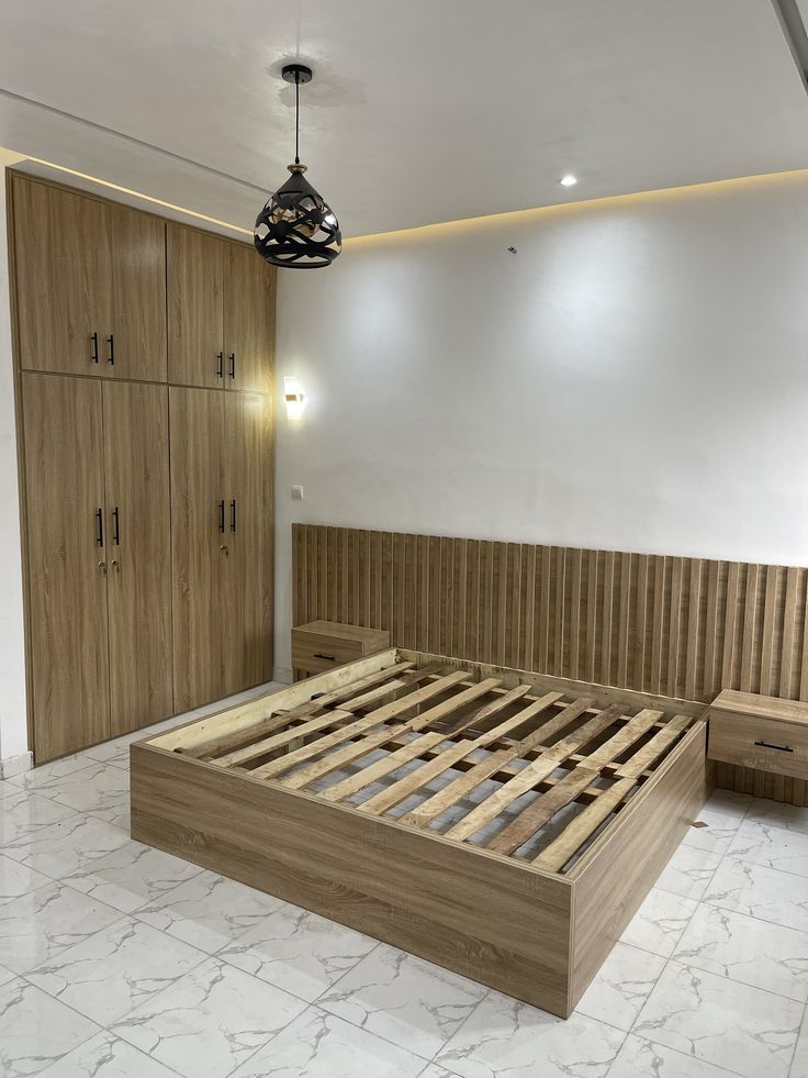 Modern Wooden Bed with Integrated Headboard and Wardrobe Suite